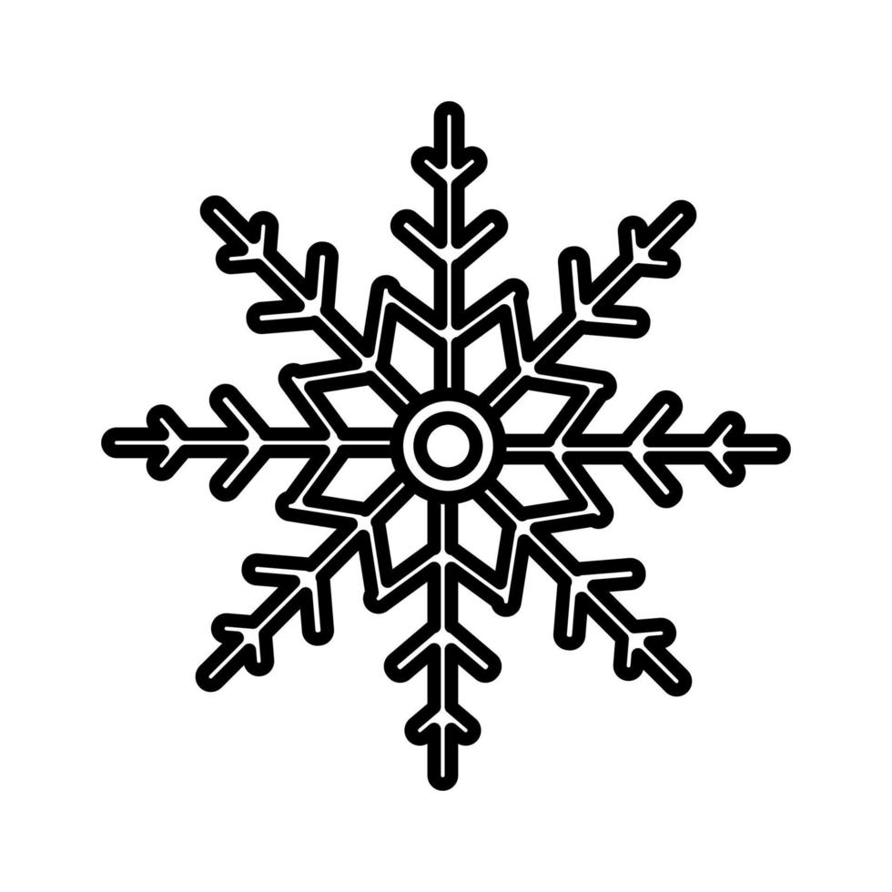 Black and white small simple linear icon of a beautiful festive New Year's Christmas small cold carved unique snowflake on a white background. Vector illustration