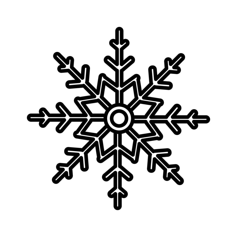 Black and white small simple linear icon of a beautiful festive New Year's Christmas small cold carved unique snowflake on a white background. Vector illustration