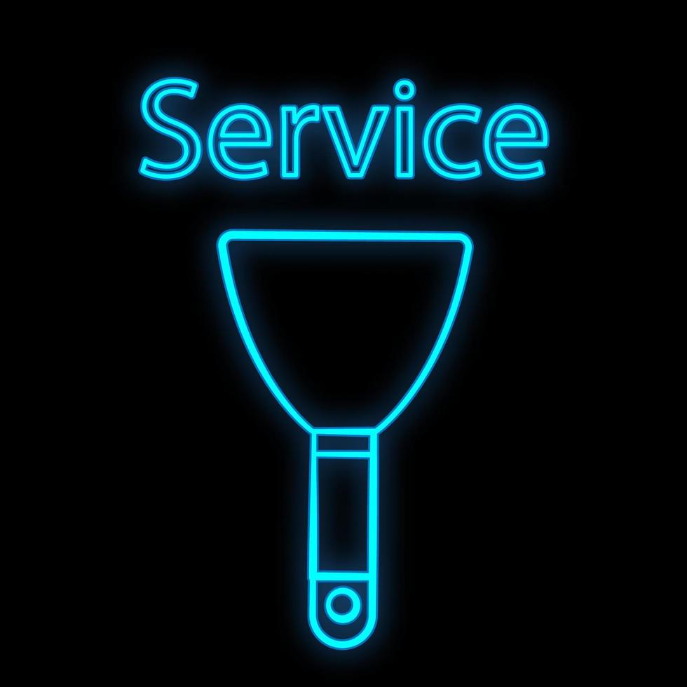 Bright luminous blue industrial digital neon sign for shop workshop service center beautiful shiny with a trowel for repair on a black background. Vector illustration