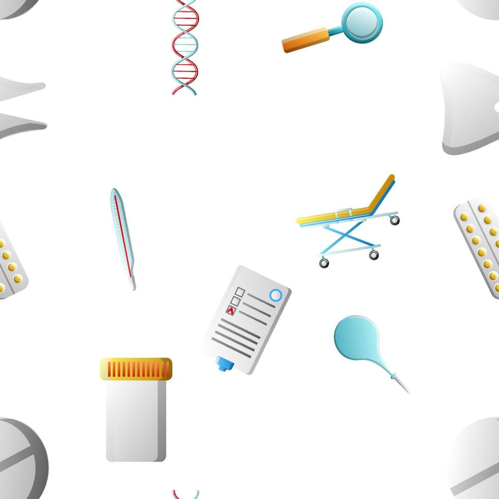 un sinfín de patrones sin fisuras de frascos de iconos de objetos médicos científicos médicos con pastillas termómetros enemas documentos sobre un fondo blanco. ilustración vectorial vector