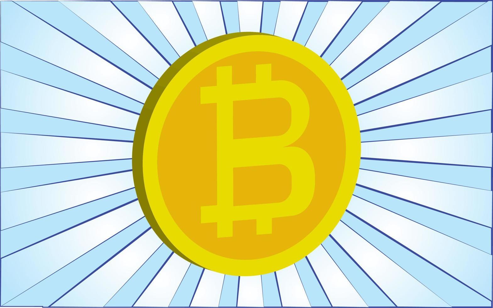 moneda de criptomoneda bitcoin grande redonda dorada sobre un fondo de rayos azules abstractos. ilustración vectorial vector