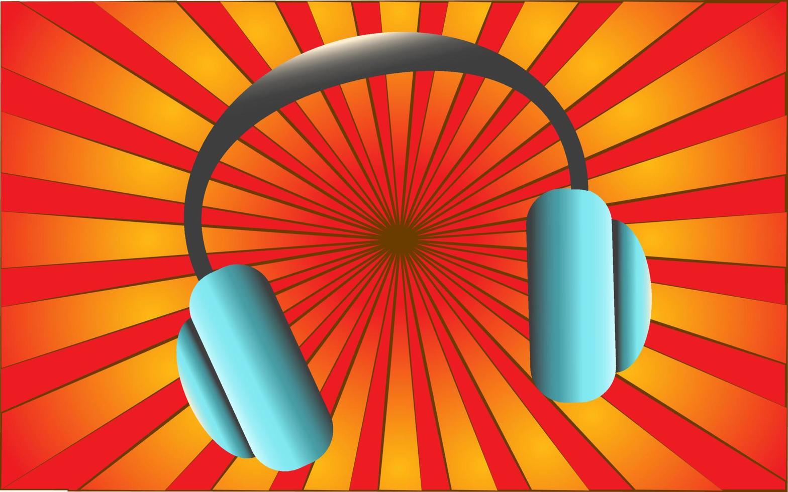 Large musical headphones on a background of abstract red rays. Vector illustration