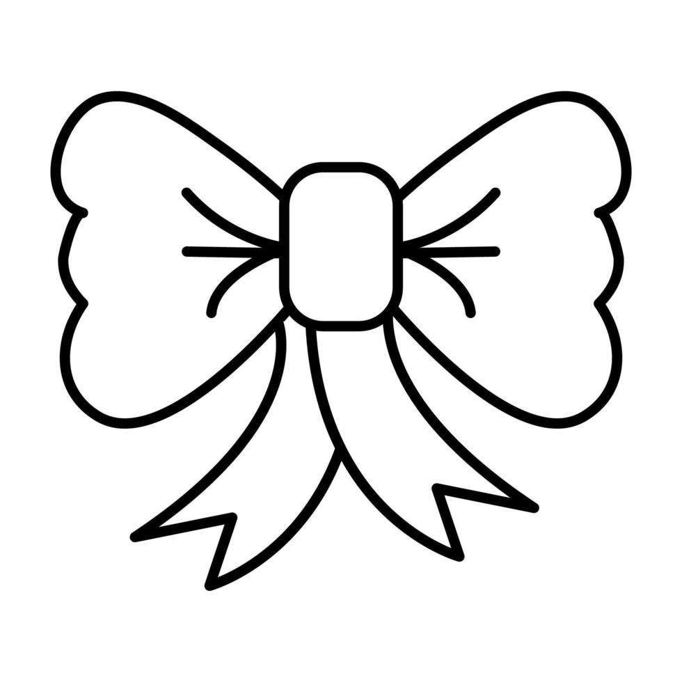 Black and white small simple linear icon of a beautiful festive New Year's Christmas small decoration, a bow with a ribbon on a white background. Vector illustration