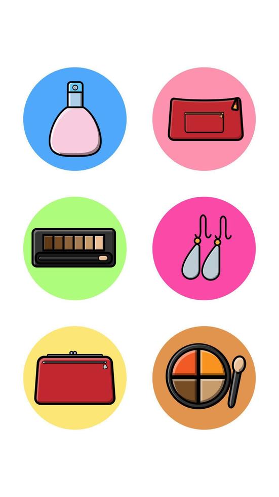 A set of six round icons for trendy with fashion items from the beauty industry perfume cosmetic bag clutch bag powder box earrings on a white background. Vector illustration