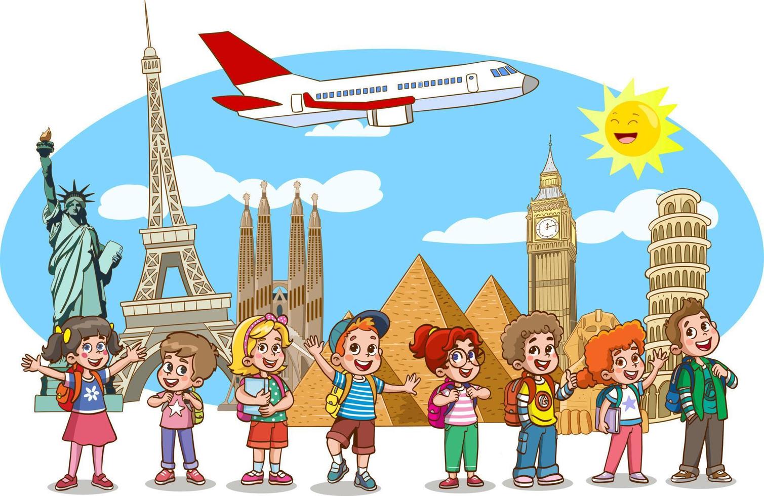 cute happy kids are doing world tour vector