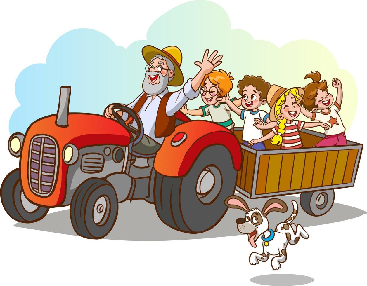 farmer driving tractor and happy kids vector