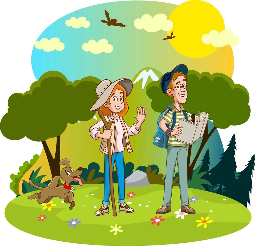 A couple hiking in the mountains. Man Woman and Dogs Walk vector