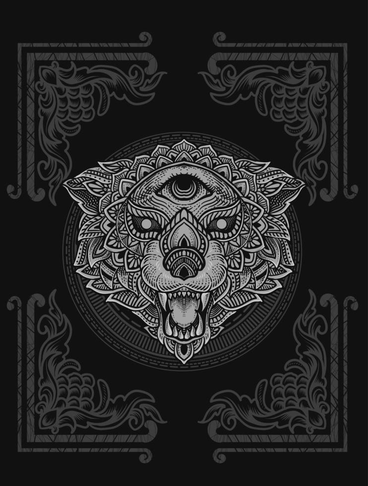 illustration wolf head mandala style with engraving ornament vector