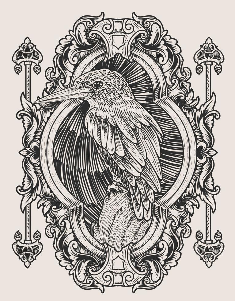 Ilustración pájaro vintage con marco de ornamento de grabado vector