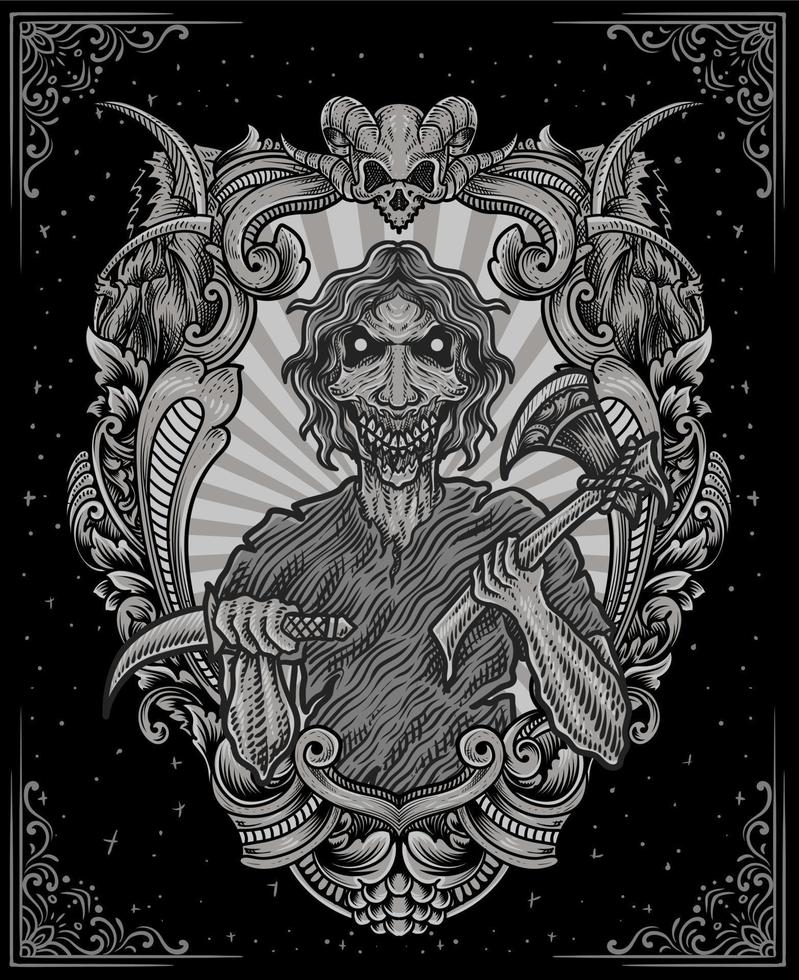 isolated scary zombie with engraving ornament frame vector