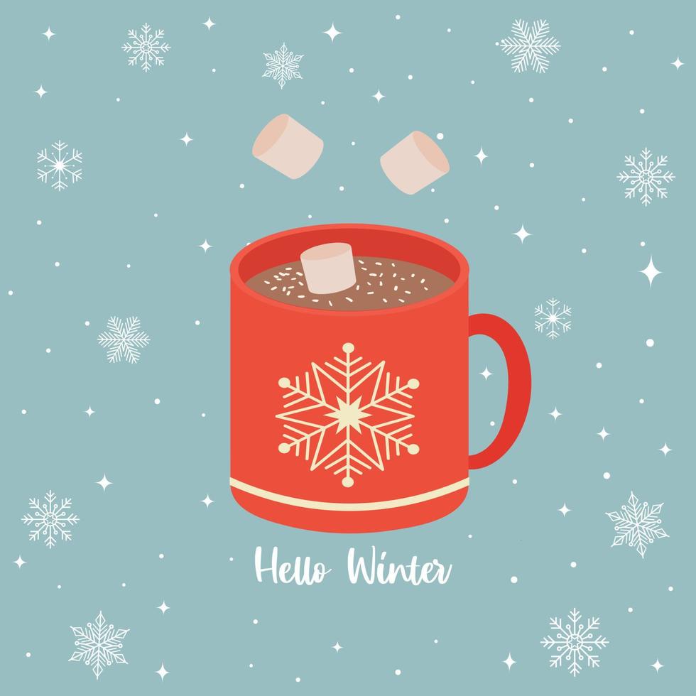 Hot chocolate with marshmallows. A cup with a snowflake ornament and Hello winter lettering. Vector illustration.