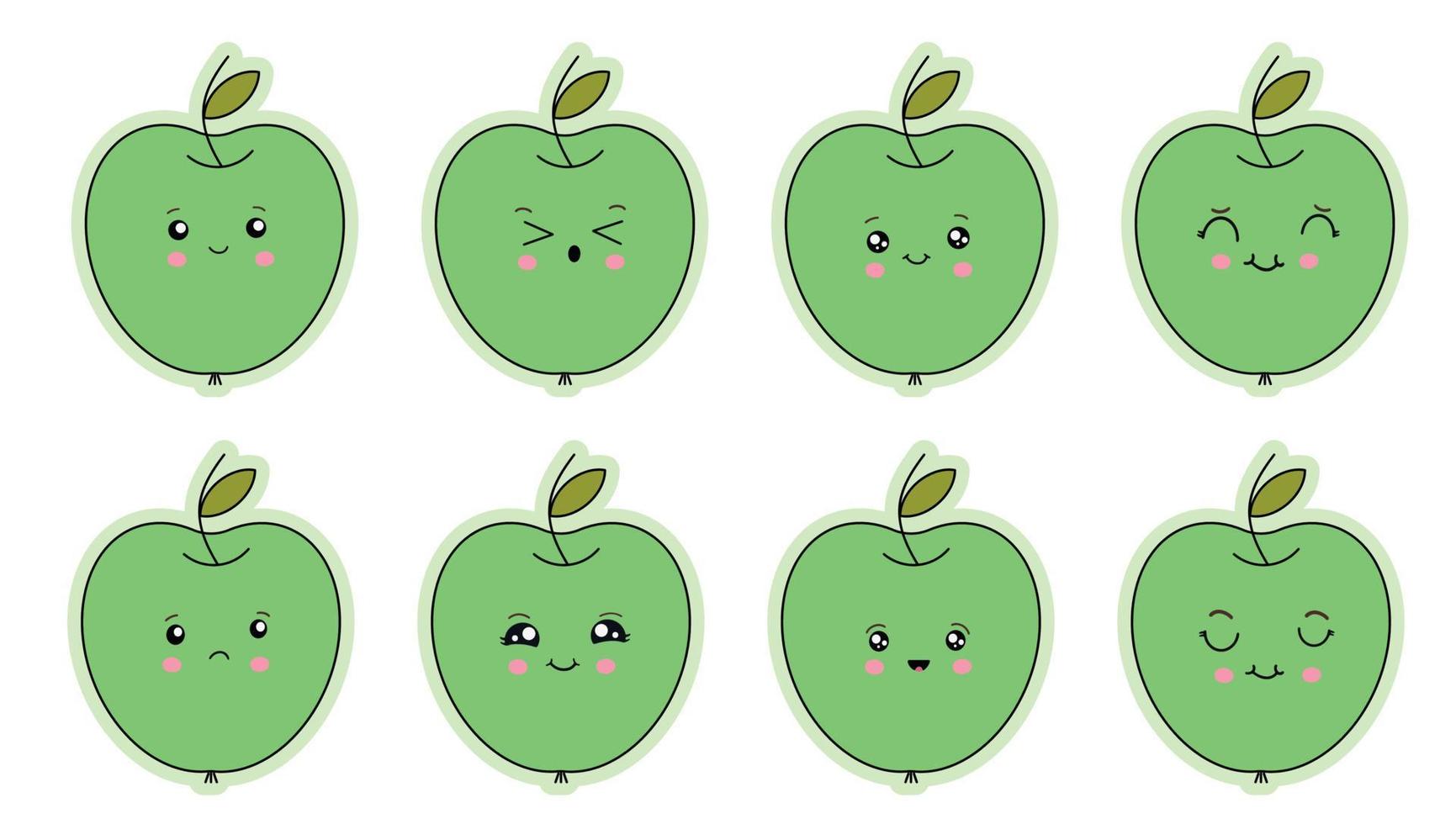 A set of stickers of funny emoticons on a green apple. Funny cartoon emoticons. Vector illustration isolated on white background.