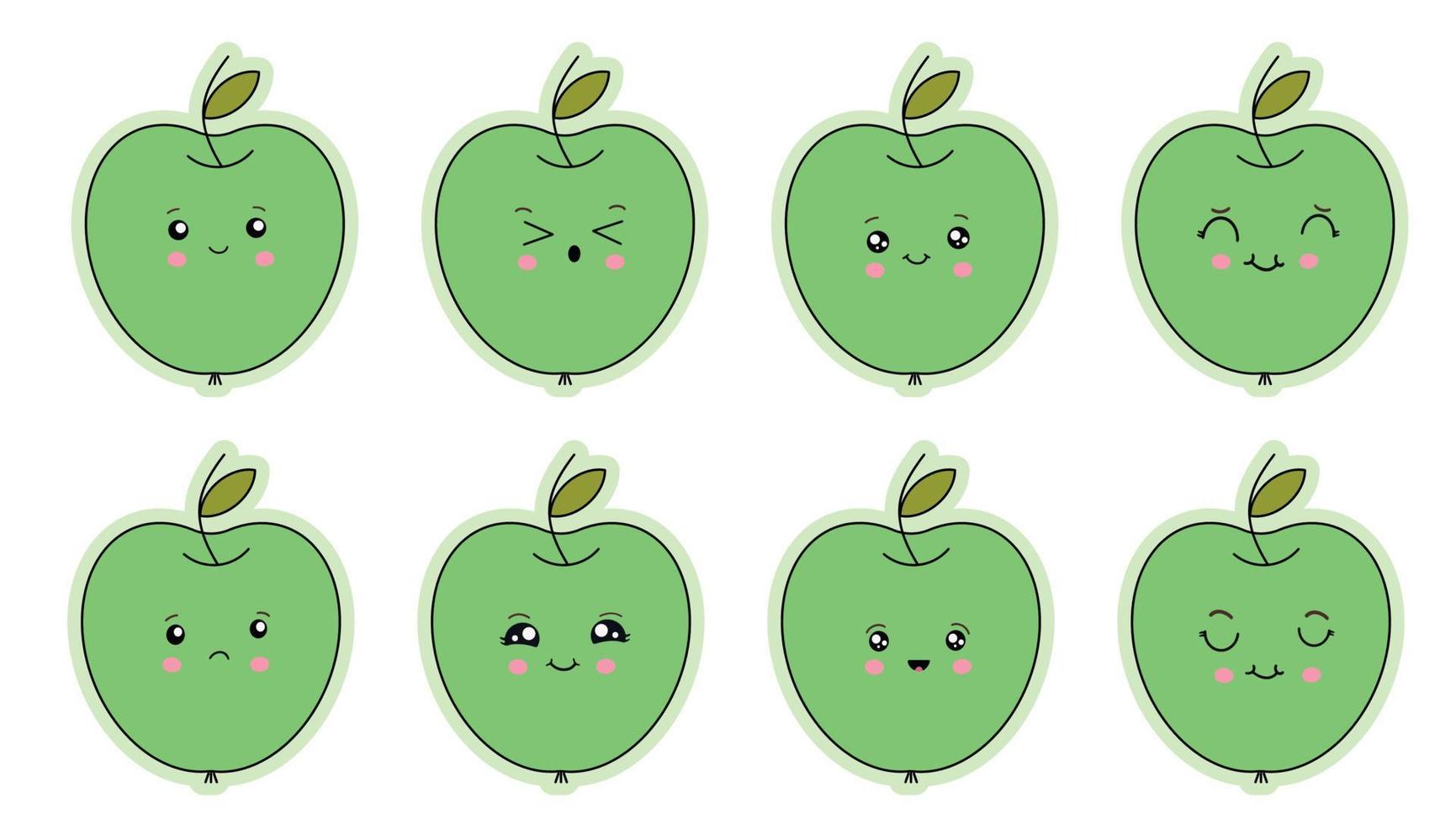 un conjunto de pegatinas de divertidos emoticonos en una manzana verde. divertidos emoticonos de dibujos animados. ilustración vectorial aislado sobre fondo blanco. vector