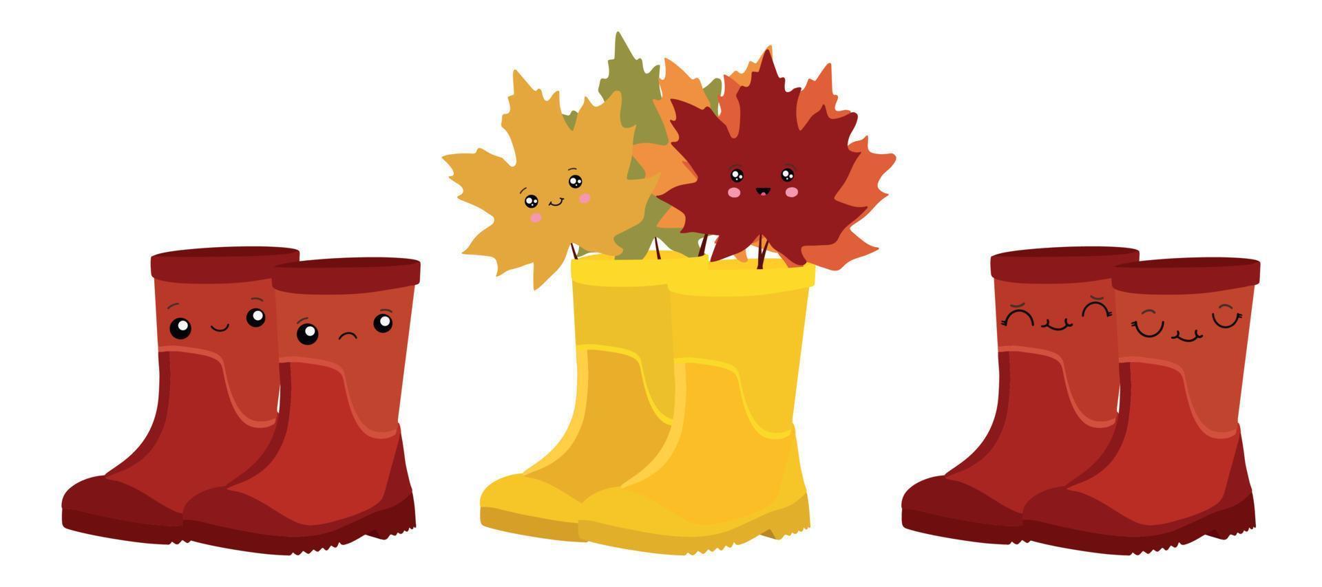 Rubber boots and maple leaves with emoticons. Vector illustration.