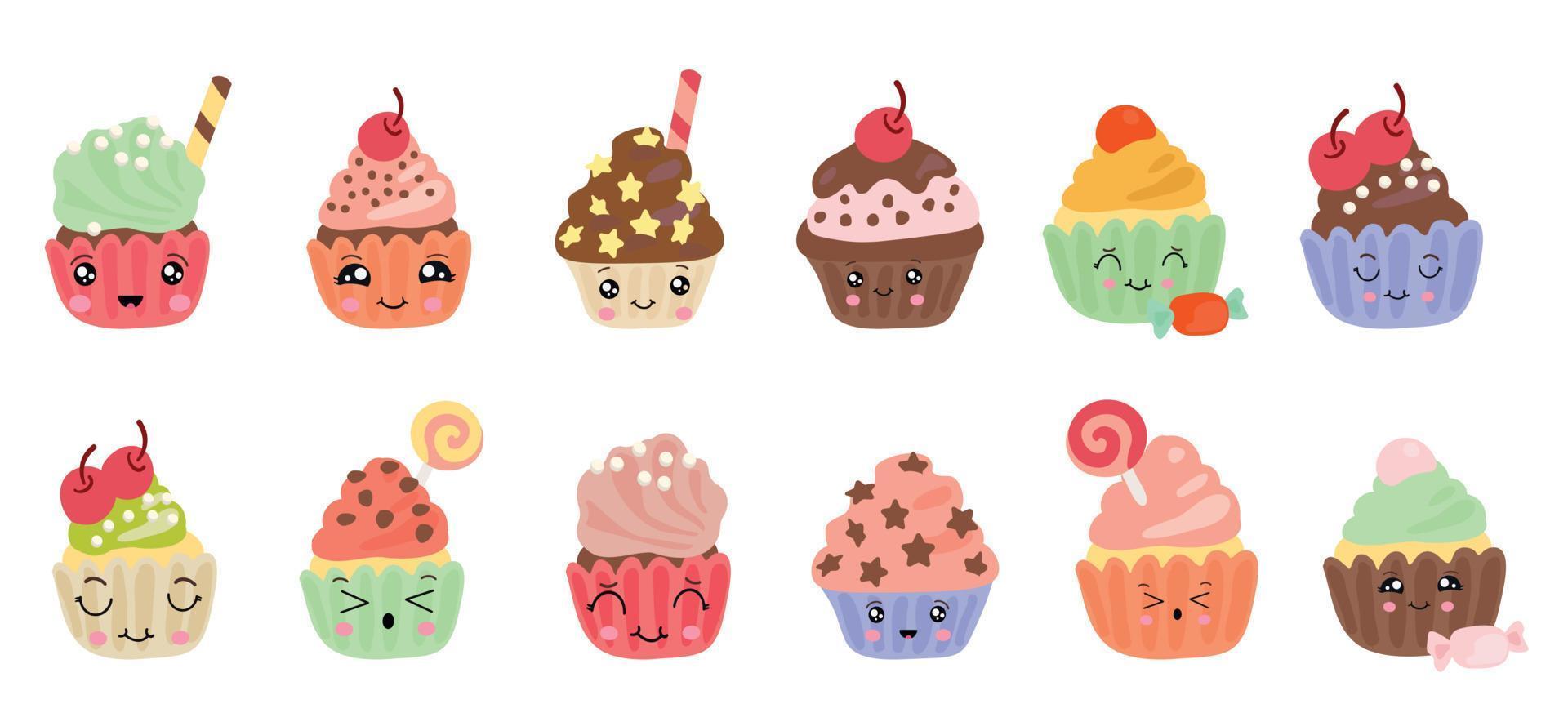 deliciosos cupcakes al estilo kawaii. diseño de ilustración de vector de postre.