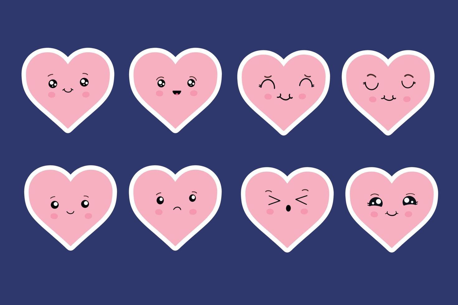 Kawaii hearts, set of cute emoji icons, stickers. Hand drawn emotional cartoon characters. Cute love characters with different faces, funny positive emotions. Blue background. vector