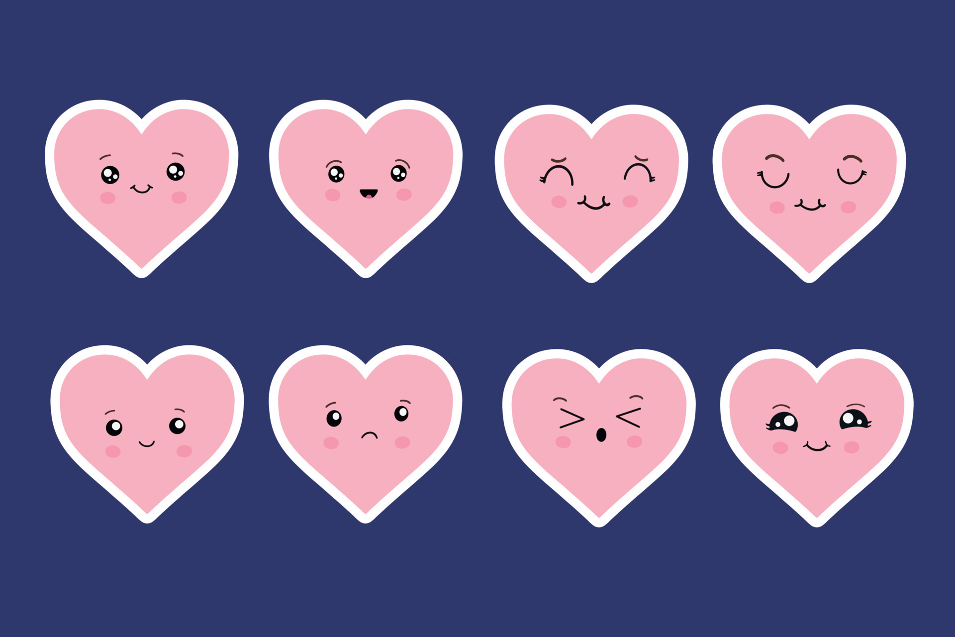Kawaii hearts, set of cute emoji icons, stickers. Hand drawn ...