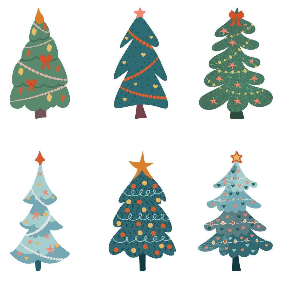 Set of cartoon Christmas trees, pines for greeting card, invitation, banner, web. New Years and xmas traditional symbol tree with garlands, light bulb, star. Winter holiday. Flat design, vector