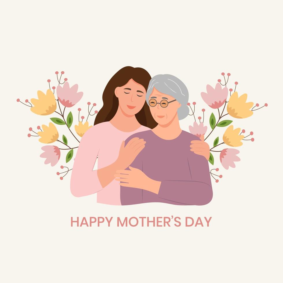 Happy Young woman hugging her old mother with love. Mother and daughter. Mothers day .Portrait of young woman hugging her grandma. Friendly family relationship. vector flat illustration