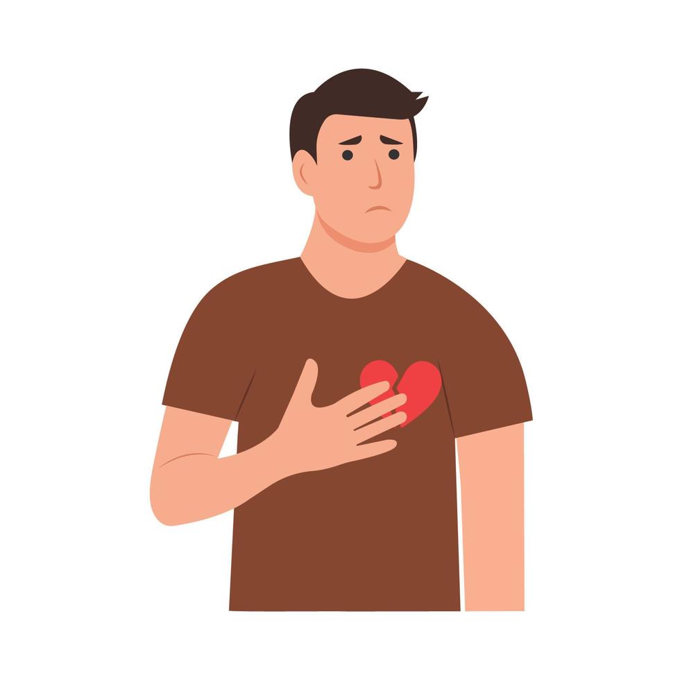 Sad man with a broken heart. Love and relationships concept. Flat vector illustration