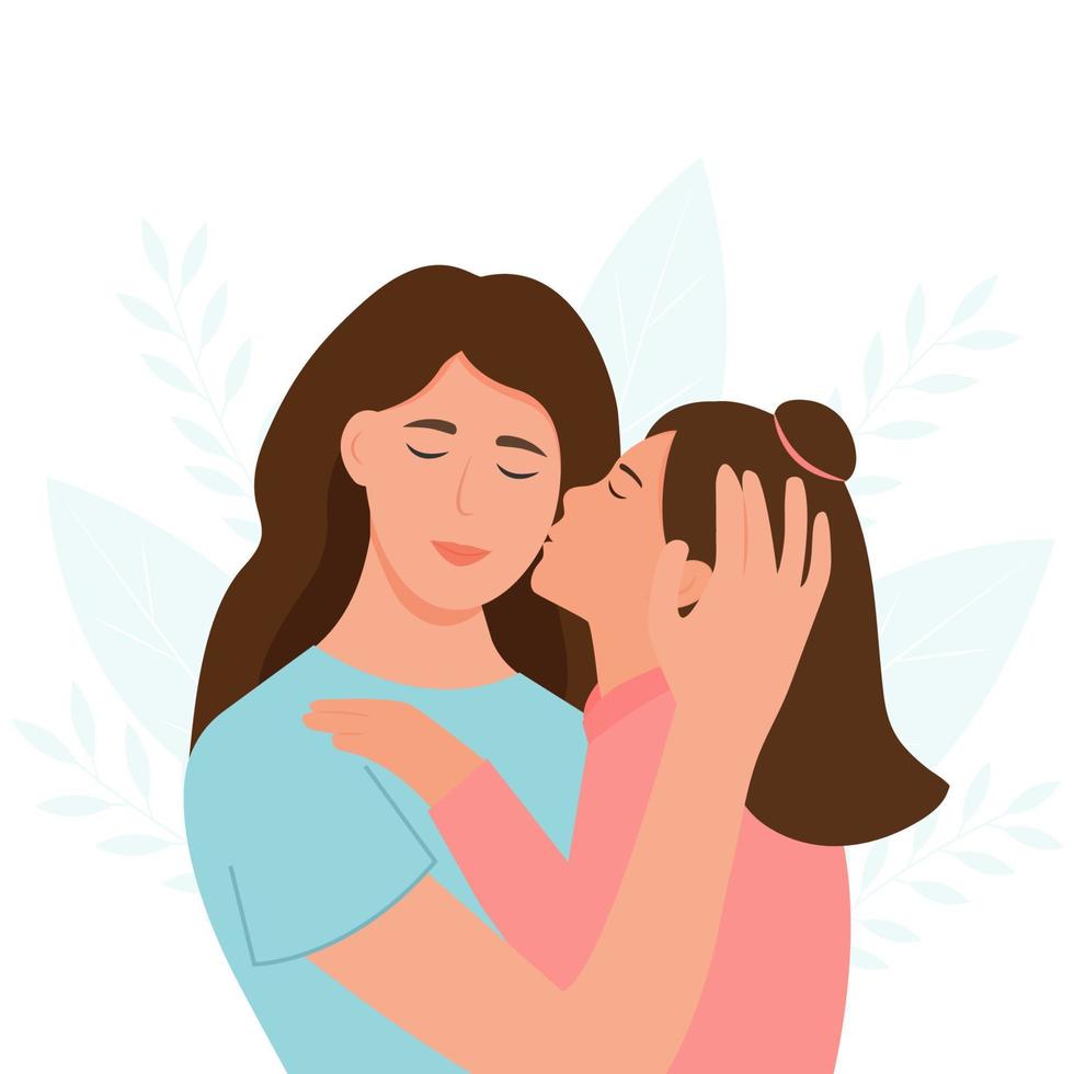 Mom hugs her daughter. Mother holds child.Parent shows love and care. Vector illustration