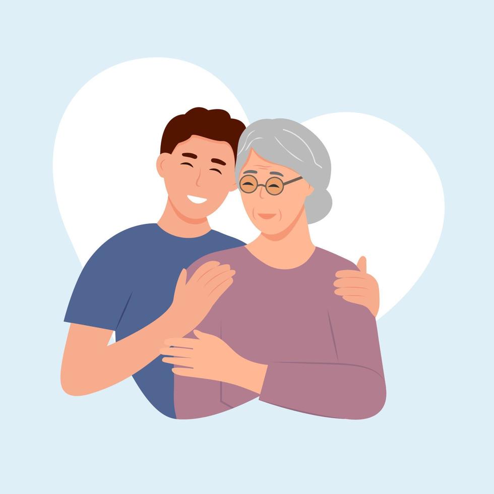 Happy Young man hugging her old mother with love. Mother and a son. Mothers day Portrait of young man hugging her grandma. Friendly family relationship vector