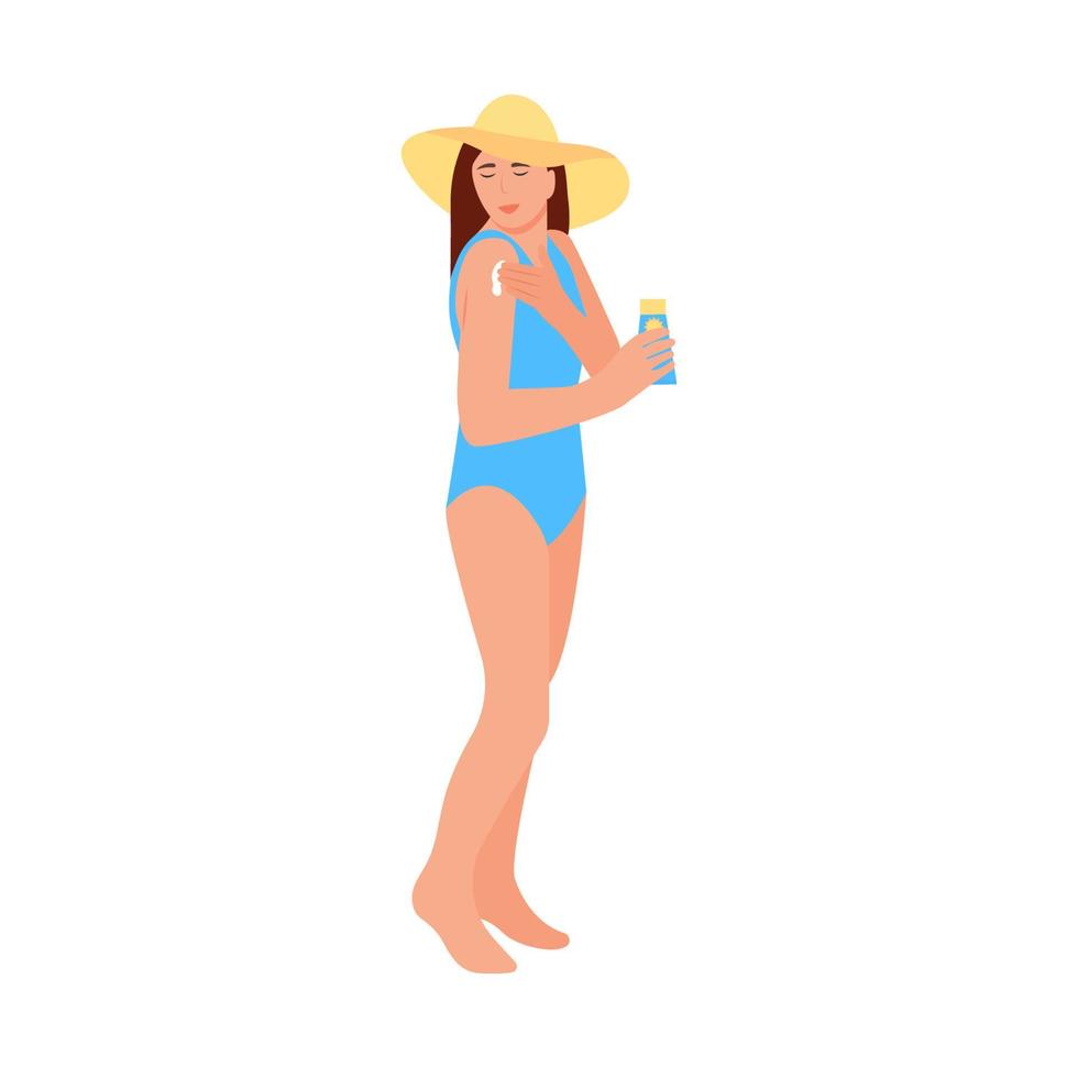 mujer de belleza con sombrero y traje de baño aplica crema solar en el hombro. un protector solar en la mano. el concepto de belleza y protección de la salud de la piel. ilustración vectorial aislado sobre fondo blanco vector