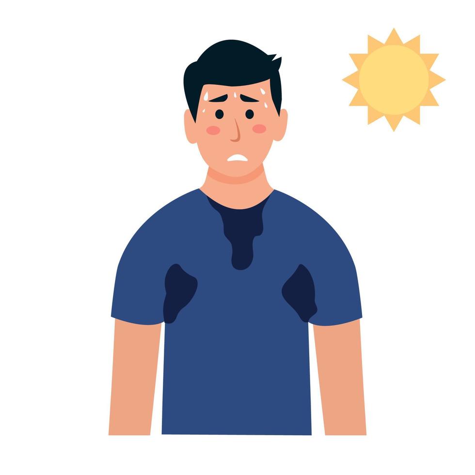 Man sweating a lot. Guy feels hot and exhausted, boy with sweaty clothes. Vector illustration