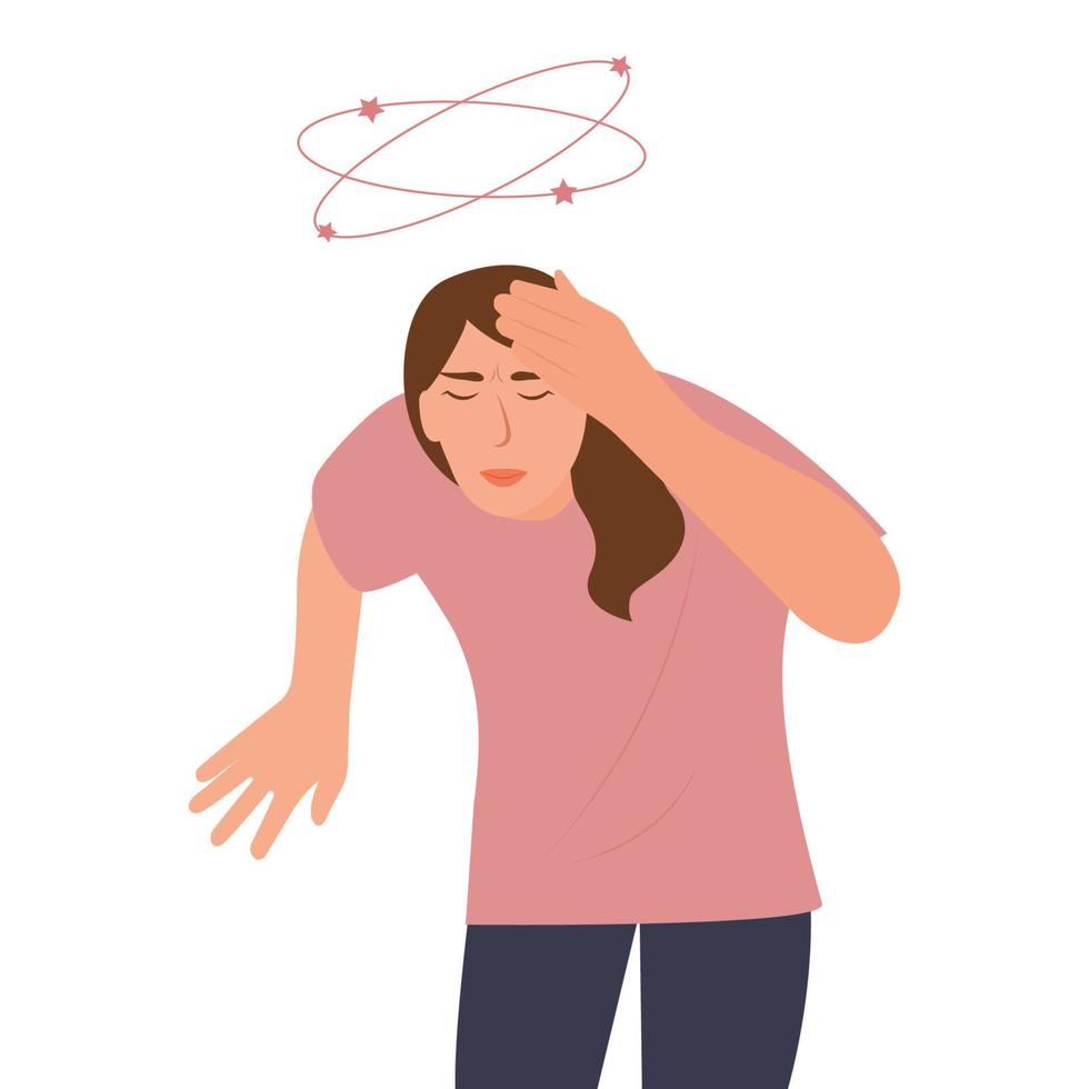 Dizziness. Woman with closed eyes holds his hand on head, stars spin around his head. Sick woman with vertigo.Vector illustration, flat design. vector