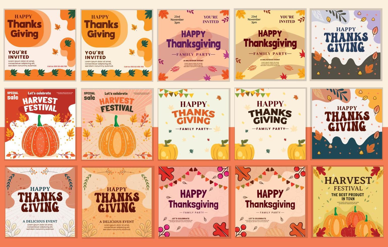 Thanks Giving social media post template bundle, set of thanksgiving Social Media Post Designs, pumpkin illustration card vector