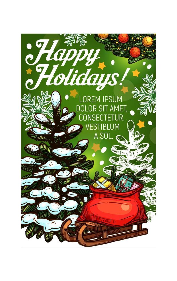 Christmas tree and Santa gift bag greeting card vector