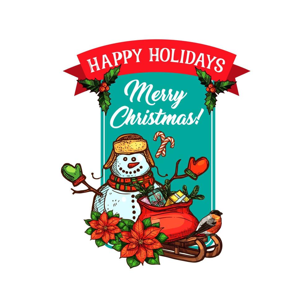 Christmas holiday gift and snowman sketch card vector