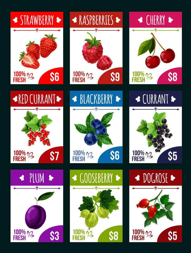 tienda de bayas vectoriales o tarjetas de precio de mercado de frutas vector