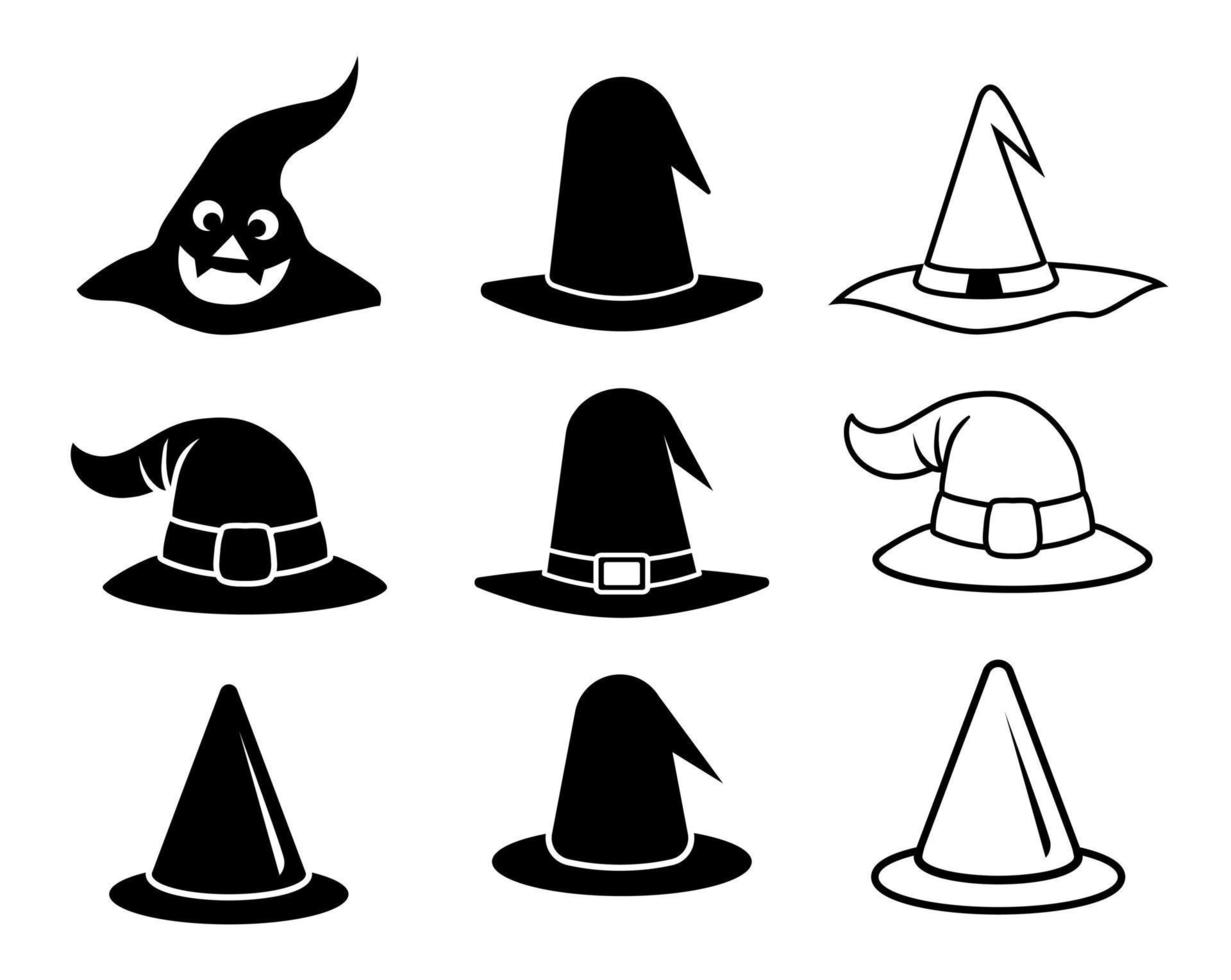 arte de clip de estilo de halloween de vector de sombrero mágico creativo. colección de vectores negros de sombrero mágico de Halloween, ilustración vectorial dibujada a mano. color negro simple y fondo blanco.