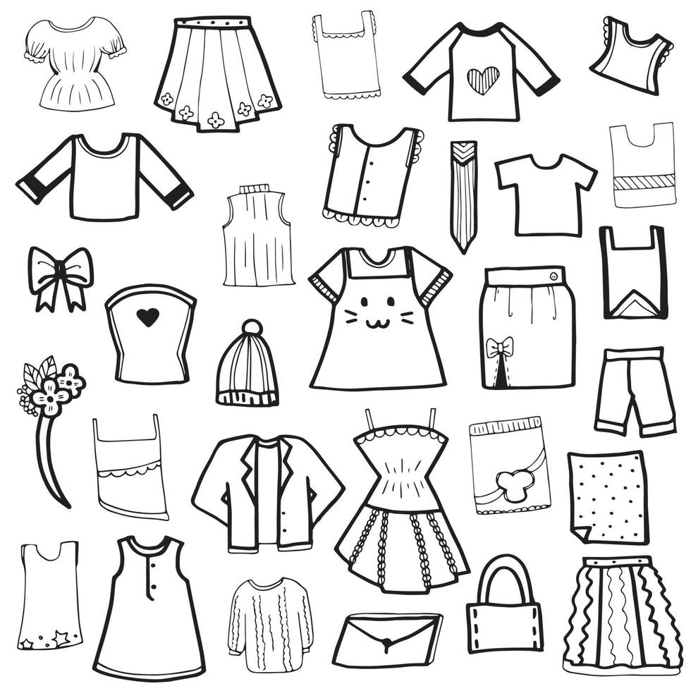 Cute clothes design doodle in black outline vector set