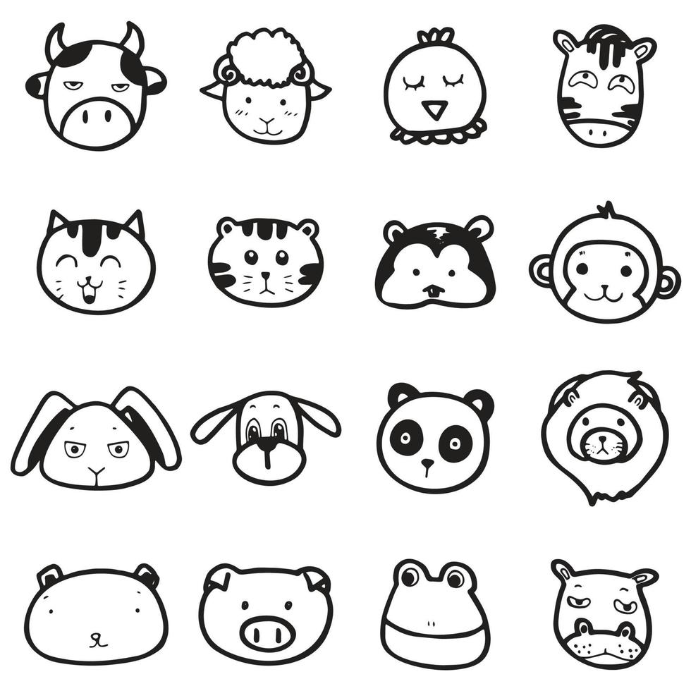 set of doodle drawing outline animal face vector on white background