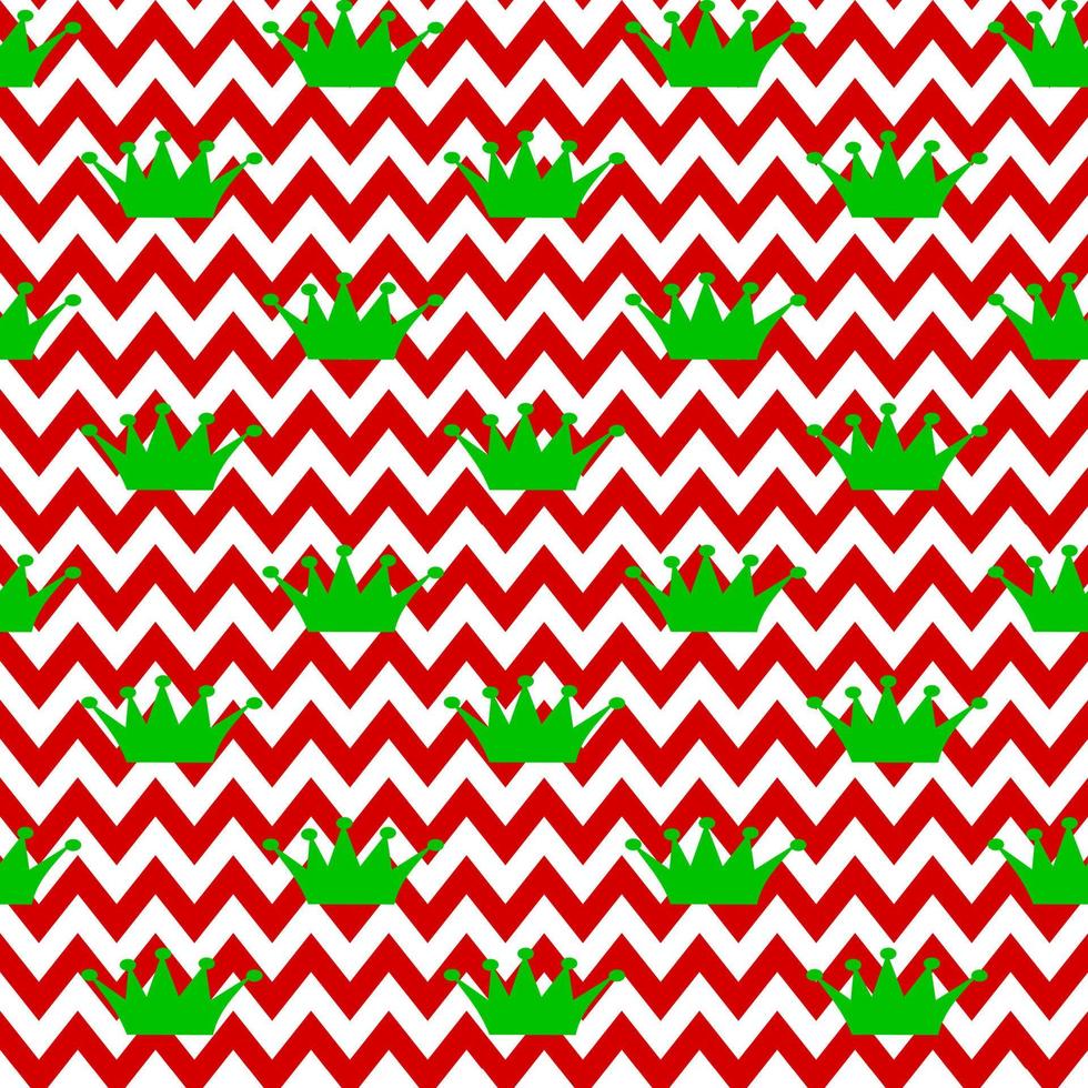 Vector seamless pattern. Princess green crown on zigzag white-red background. Holiday, wrap, paper, gift, present, cloth, fabric, new year, and Christmas concept.