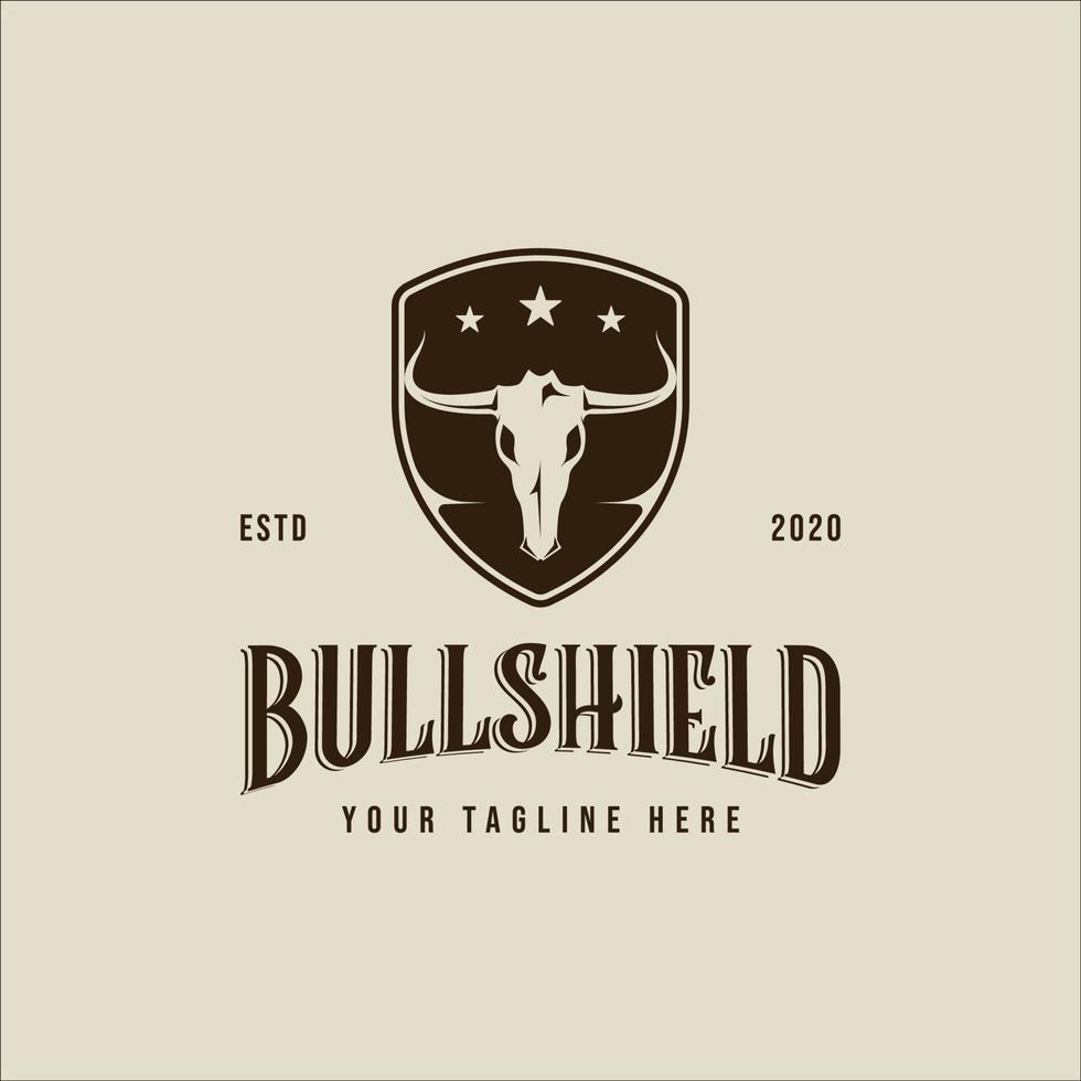 head of skull bull and shield logo vector vintage illustration template icon graphic design. texas western longhorn sign or symbol for butcher or ranch and livestock concept with badge