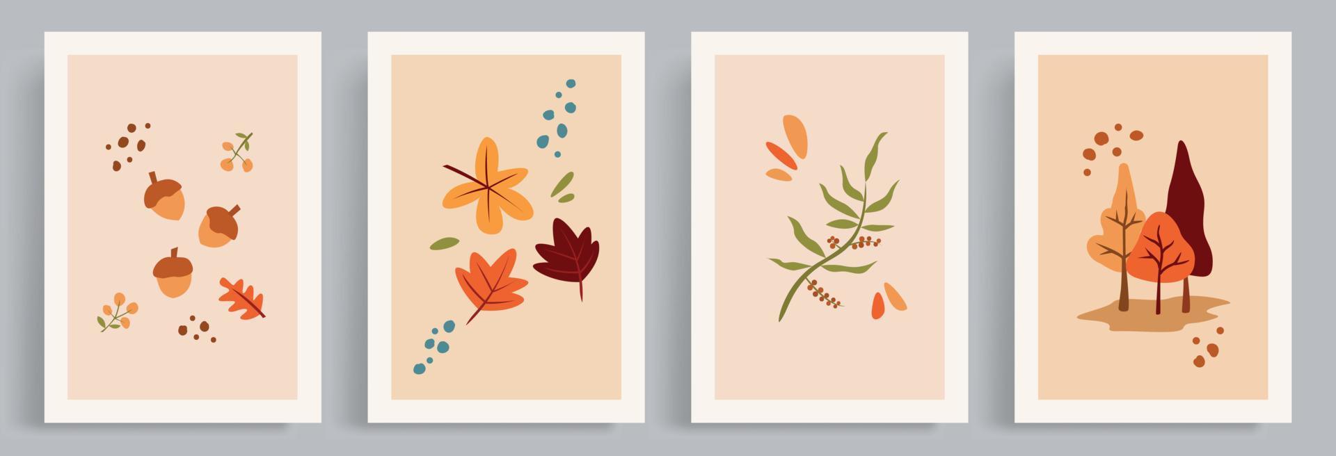 4 collections of autumn vector illustrations with a warm, hygge and cozy atmosphere. Reddish leaf and tree ornament in boho style and retro colors.