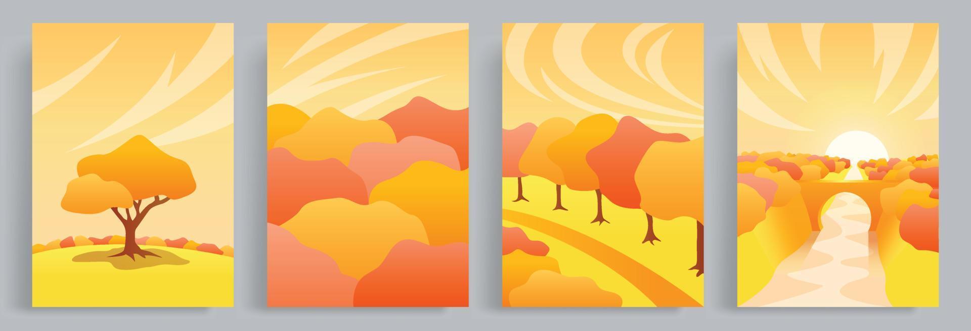 4 collections of autumn vector illustrations with a warm, hygge and cozy atmosphere. A view of the forest and trees that are reddish in autumn. Suitable for poster, book cover, brochure, book cover.