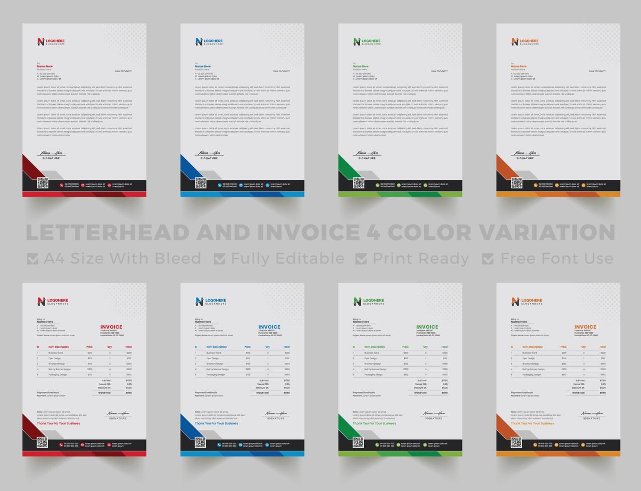 Multipurpose corporate businesses letterhead and invoice template with a4 size. creative corporate modern letterhead and invoice design template set with blue, green, red, and yellow colors. vector