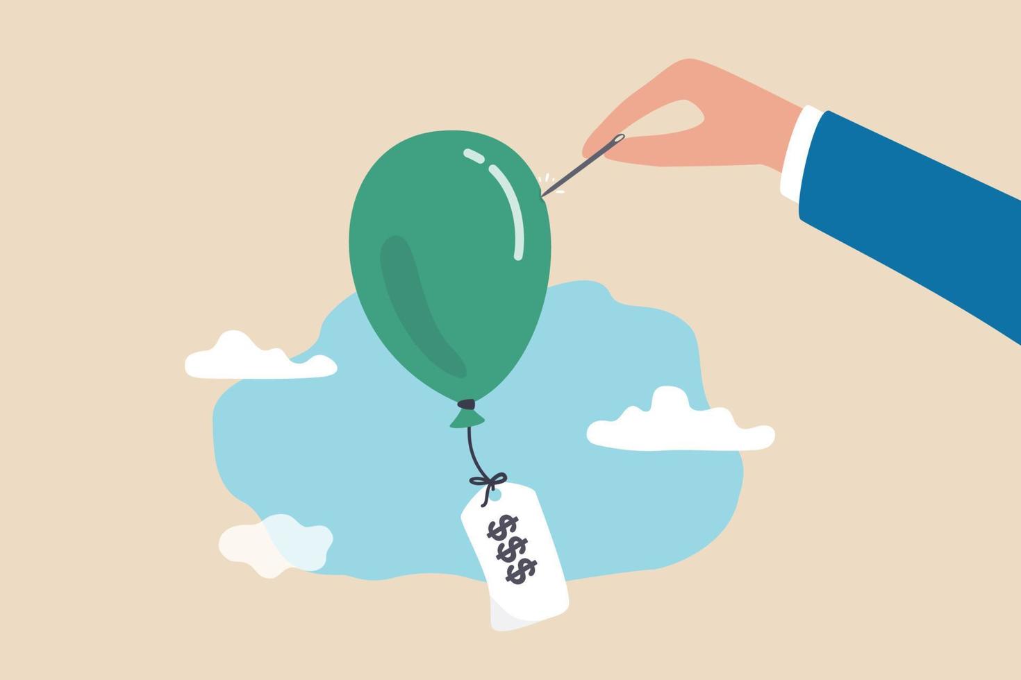 Reduce inflation by increase interest rate, FED or central bank monetary policy to cut or decrease inflation problem concept, businessman hand using needle to burst inflation balloon with price tag. vector