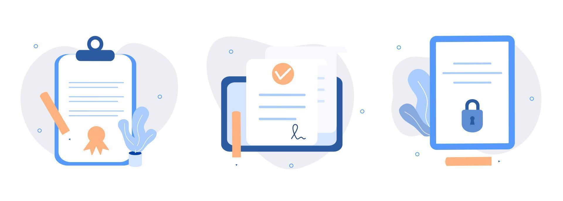 Contracts illustration set. Signing legal document, electronic contract, online agreement document. Reading and signing contract terms and condition. Flat web vector illustration.
