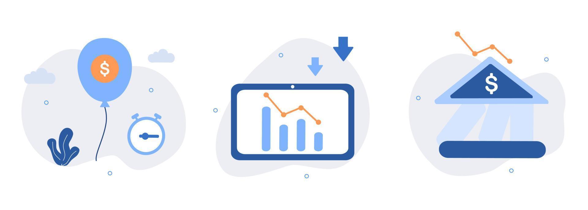 Financial crisis illustration set. Suffering from inflation, financial loss, economical and investment problems. Stock market crash, speculative financial bubble and recession. Vector illustration.