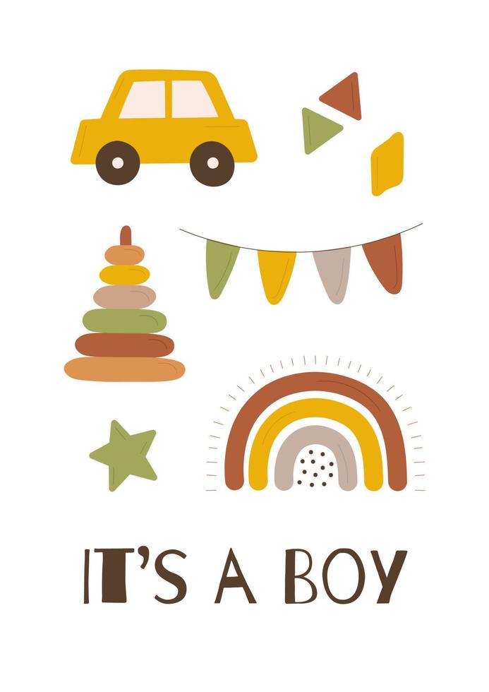 Cute greeting card it's a boy for baby shower and gender party in hand drawn style. Childbirth collection for poster, invitation, scrapbook. vector