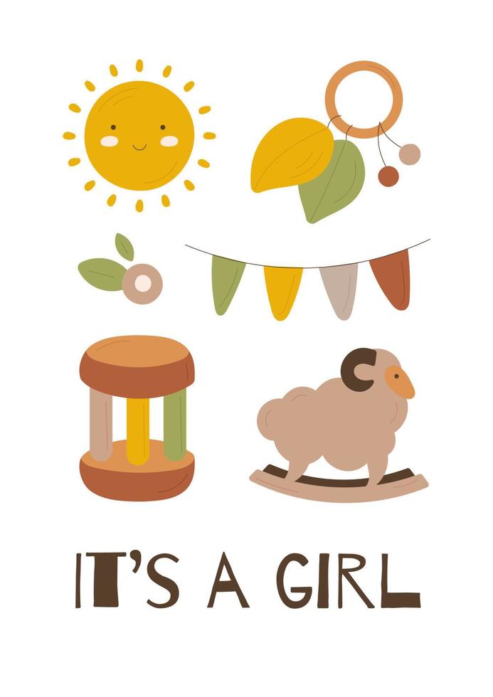 Cute greeting card it's a girl for baby shower and gender party in hand drawn style. Childbirth collection for poster, invitation, scrapbook. vector