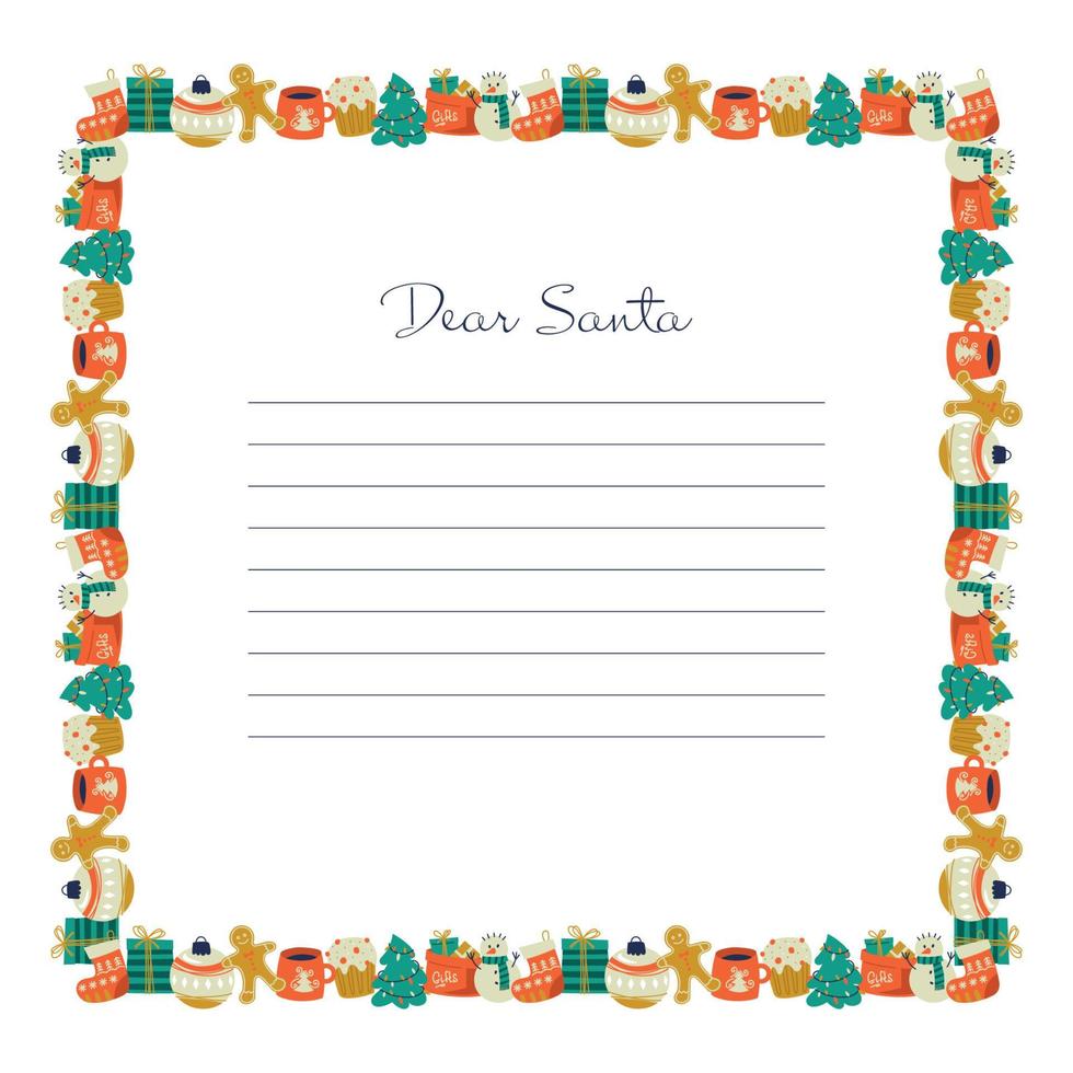 Christmas frame. Christmas border. Ribbon from Christmas elements. Letter to Santa Claus. Vector image.