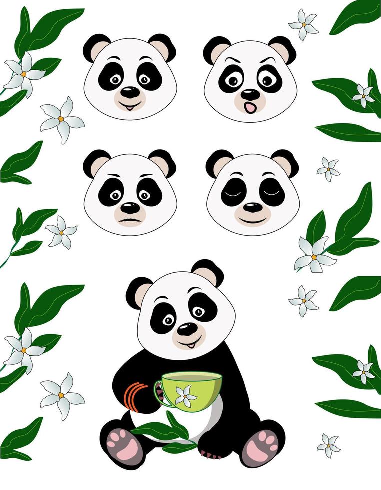 Set emotions panda. Happy, sad, crying, astonishment and agry expressions head. Vector illustration.