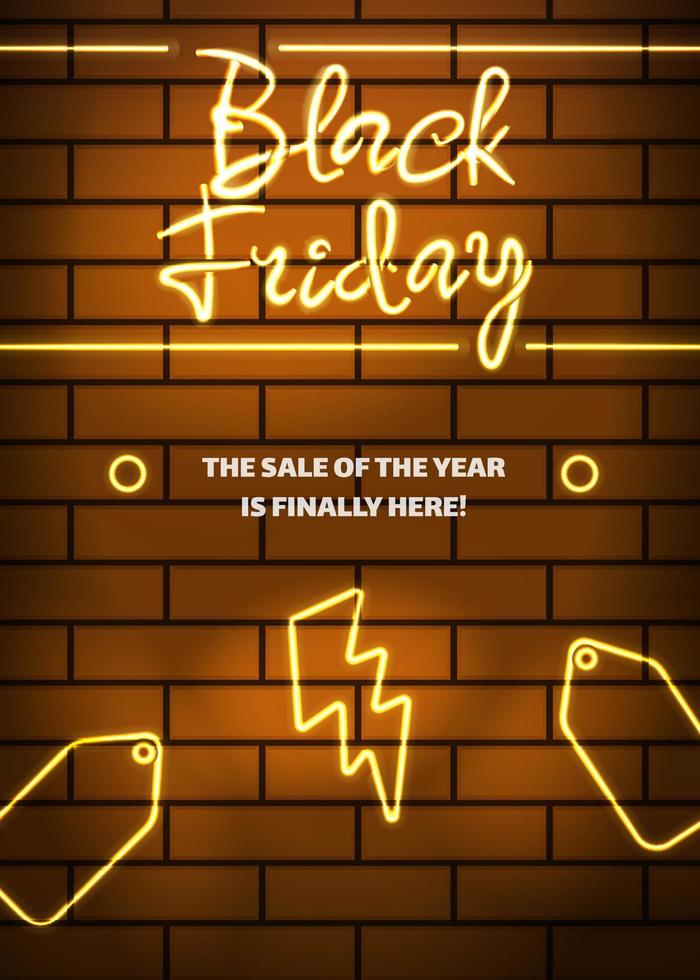 Black friday brick wall neon  sign poster with flash and price tag vector