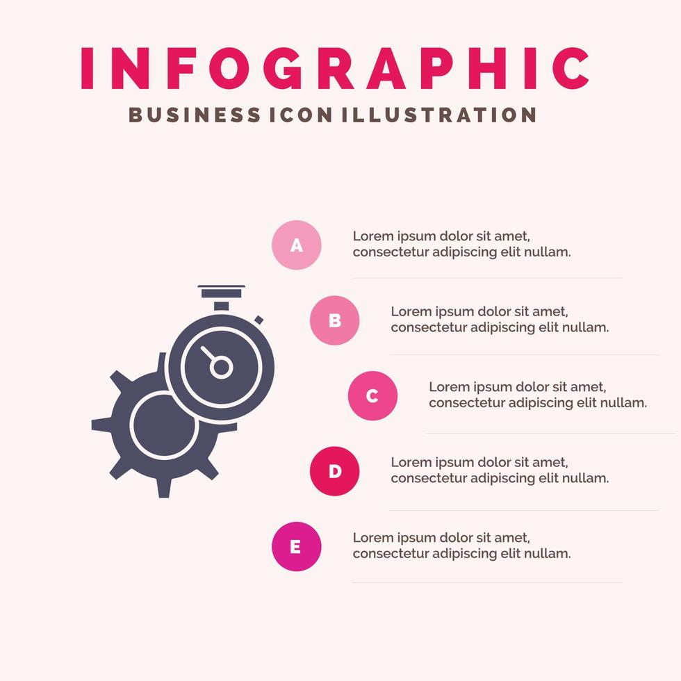 temporizador tiempo engranaje ajuste reloj sólido icono infografía 5 pasos presentación fondo vector